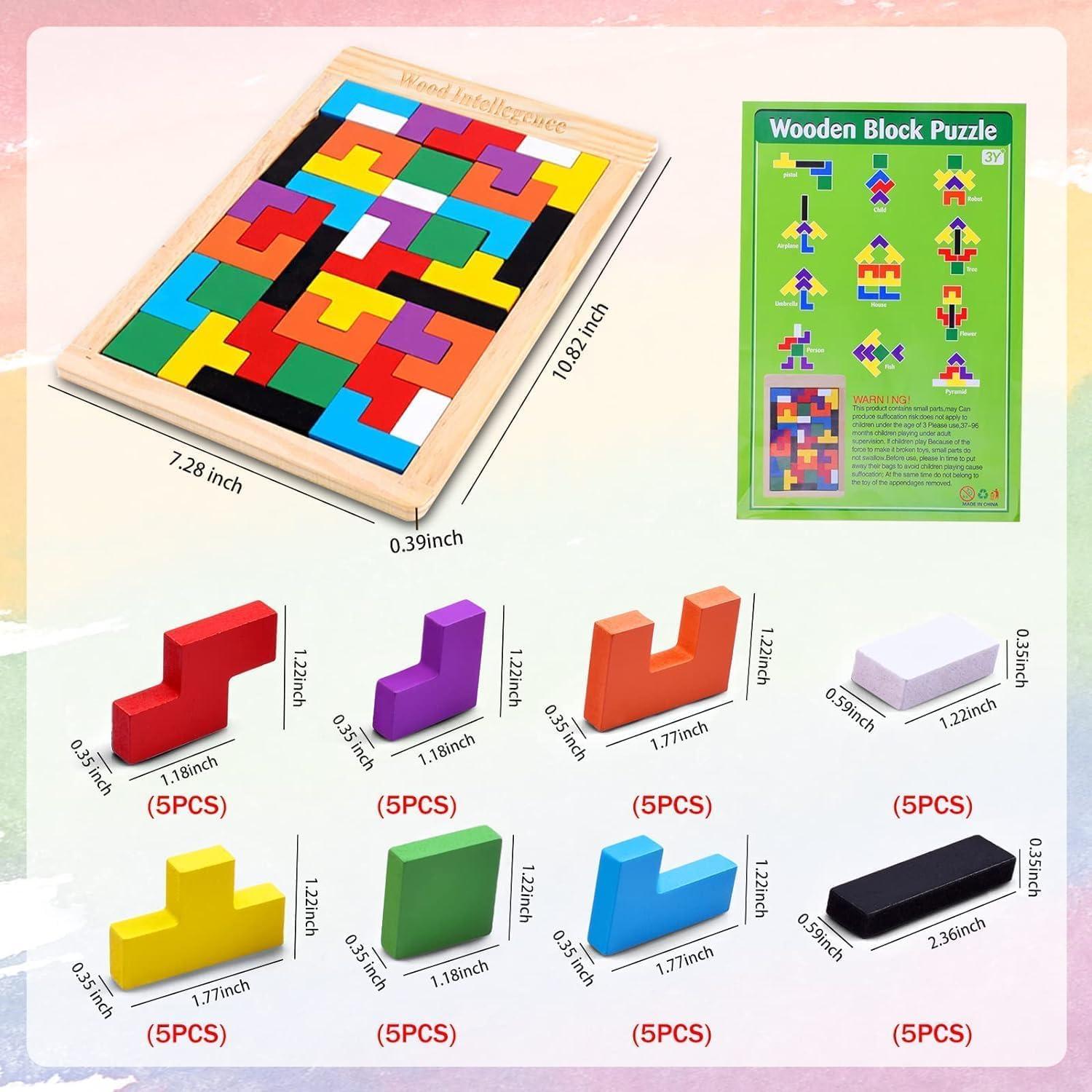 40-Piece Wooden Russian Block Puzzle Set with Storage Bag, Montessori Wooden Puzzle for STEM Learning