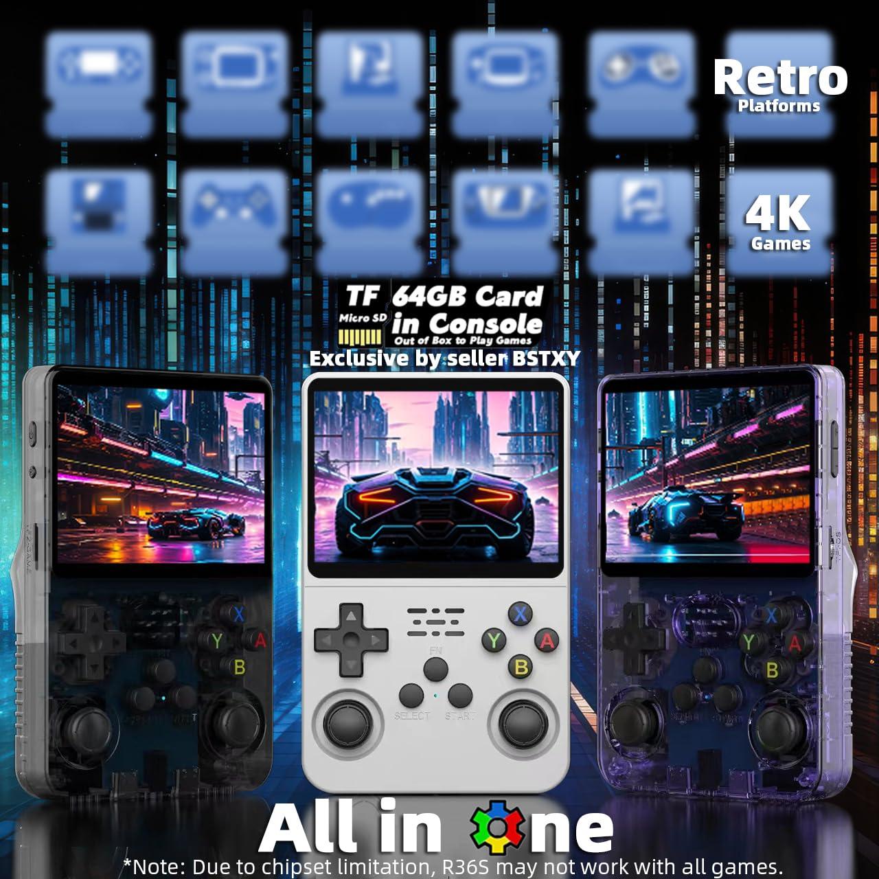R36S Video Game Handheld Console, Built-in 64GB TF Card, 3.5 Inch IPS Screen, Retro Linux System, Support 15000+ Classic Games, 2.4G Wireless Gamepad, TV, Monitor Connection