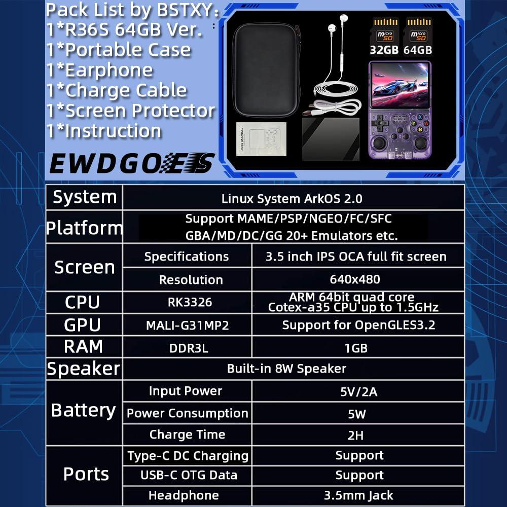 R36S Video Game Handheld Console, Built-in 64GB TF Card, 3.5 Inch IPS Screen, Retro Linux System, Support 15000+ Classic Games, 2.4G Wireless Gamepad, TV, Monitor Connection