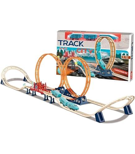 Electric Engine Train Track Set - Cart & Trees - Sound & Flashing Headlights, for Kids Age 3 Years & Up Boys & Girls