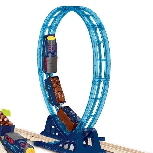 Electric Engine Train Track Set - Cart & Trees - Sound & Flashing Headlights, for Kids Age 3 Years & Up Boys & Girls