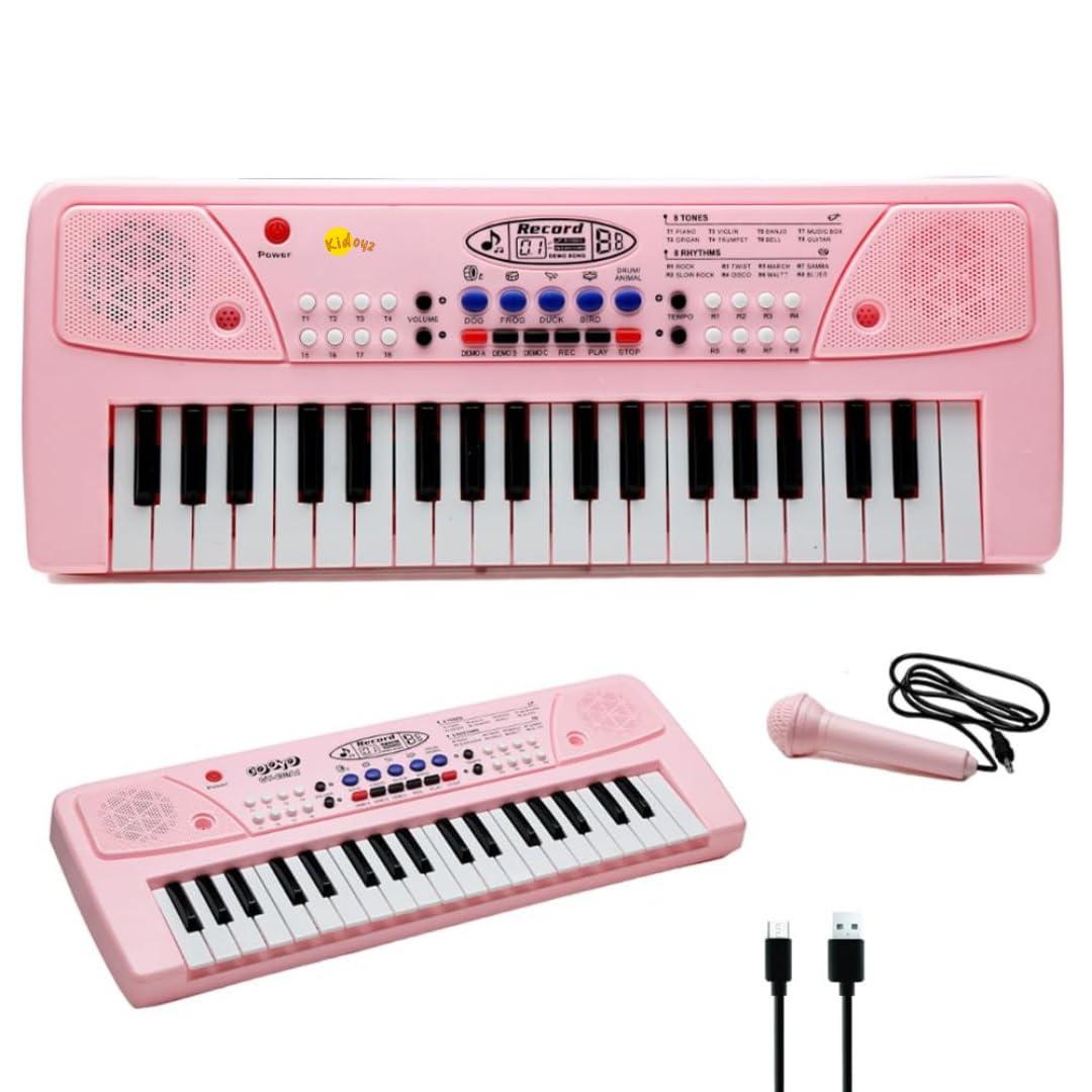 Musical Piano Keyboard, Pink, 37 Keys with Microphone, 8 Rhythms and Tones, USB Powered, Recording Function, Educational Musical Toy for Children 18 Months to 5 Years