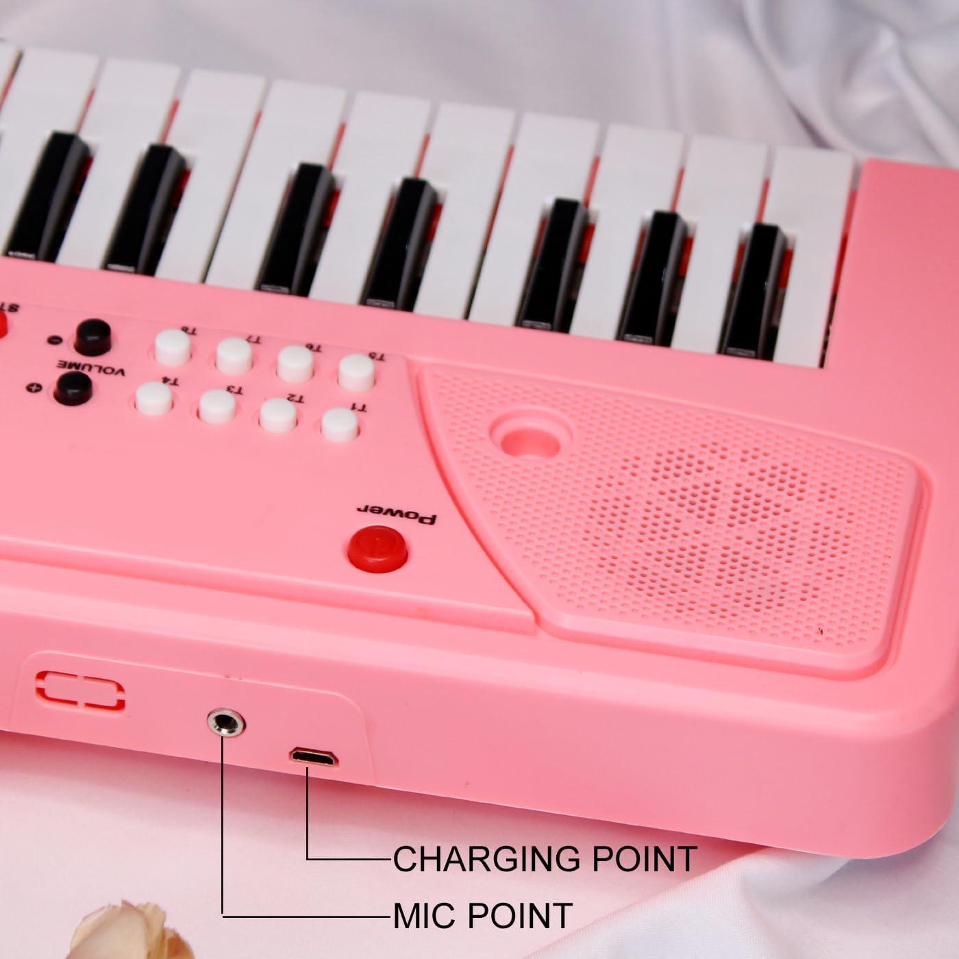 Musical Piano Keyboard, Pink, 37 Keys with Microphone, 8 Rhythms and Tones, USB Powered, Recording Function, Educational Musical Toy for Children 18 Months to 5 Years